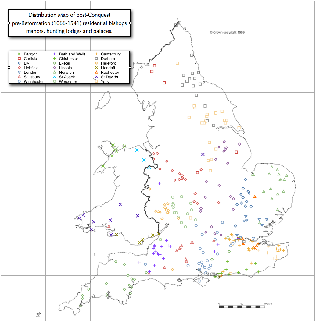 Distribution map of bishops palaces in England and Wales
